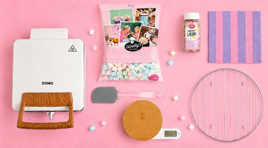 Domo Wafelgeluk Cadeaupakket – DO9274W Wafelijzer Powder White met Weegschaal Marshmallows & Wafelaccessoires