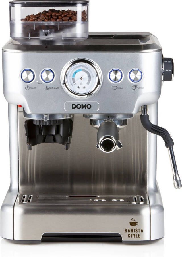 DOMO Elektro DOMO DO725K Espressomachine met Geïntegreerde Bonenmaler – Pistonmachine Pro 20 Bar – RVS Zwart