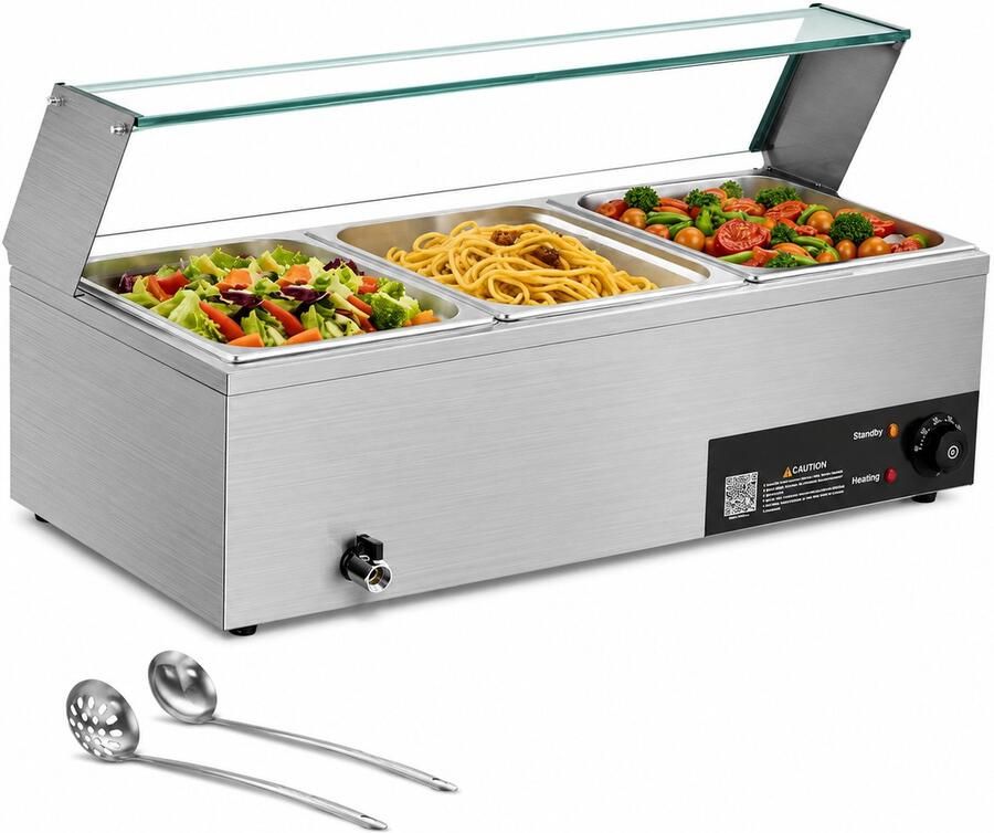 DPLUNIQ Buffetkast Stomer Warmhoudbakken Buffetwarmer Elektrisch 3-Pan Catering 1500W 92x36 5x38 5cm RVS Grijs