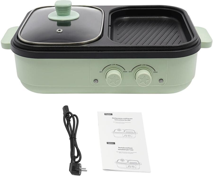 DPLUNIQ Hotpot Tafelgrill Multicooker Grillplaat 2-in-1 Dubbele Temperatuurregeling 1300W 42x27x15cm Licht Groen