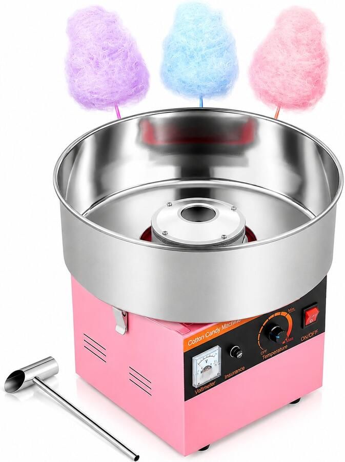 DPLUNIQ Suikerspinmachine Suikerspin Feest Snoepautomaat 1000W Diameter 38cm 25x25x34cm 4.85kg 105g Suiker Roze Zilver