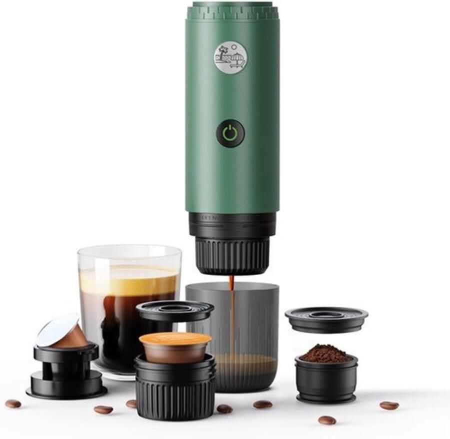 Draagbaar 3-in-1 koffiezetapparaat draagbaar 19 bar espressomachine met automatische verwarming compatibel met en -capsules en gemalen koffie voor kamperen reizen en thuis (groen)