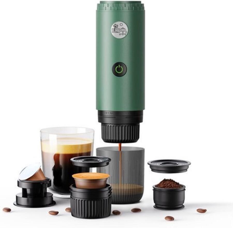 Draagbaar 3-in-1 koffiezetapparaat draagbaar 19 bar espressomachine met automatische verwarming compatibel met en -capsules en gemalen koffie voor kamperen reizen en thuis (groen)