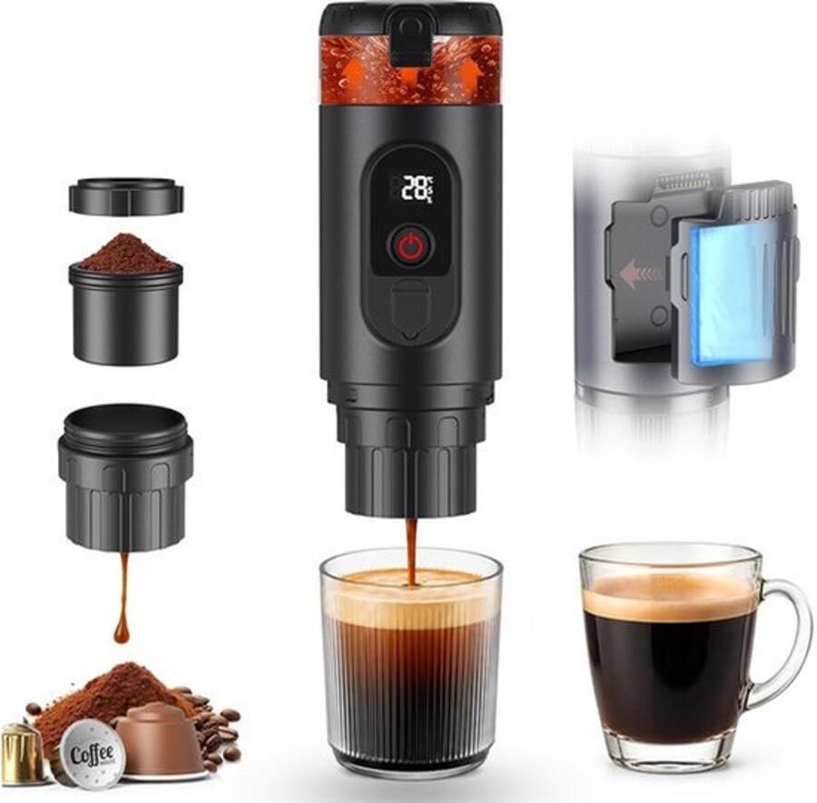 Draagbaar espressomachine 2-in-1 accu-koffiezetapparaat 20 bar mini-koffiezetapparaat 7650 mAh verwisselbare accu en USB-C snellading compatibel met gemalen koffie en capsules voor wandelen
