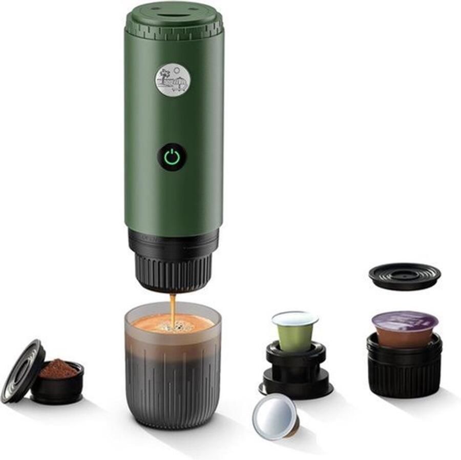 Draagbaar koffiezetapparaat 3-in-1 19 bar espressomachine met automatische verwarming compatibel met NS- en DG-capsules en gemalen koffie voor kamperen wandelen reizen en thuis (groen)