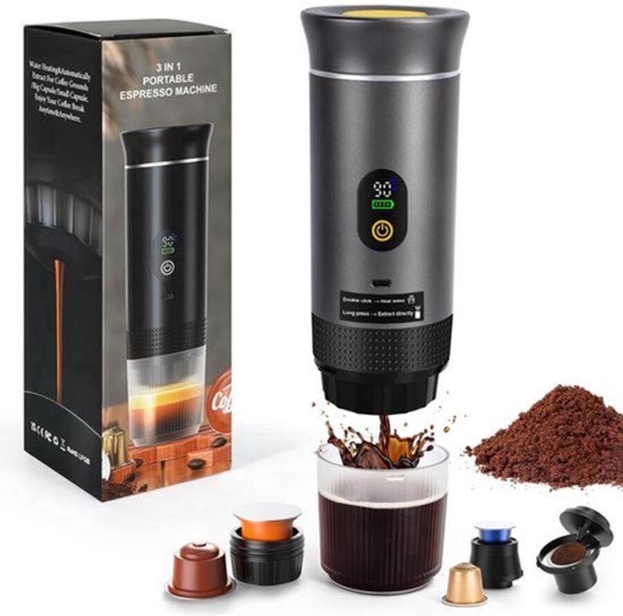 Draagbaar koffiezetapparaat elektrisch espressomachine 3-in-1 capsulemachine compatibel met koffiecapsules en koffiepoeder direct opwarmen mini-koffiezetapparaat voor camping auto reizen