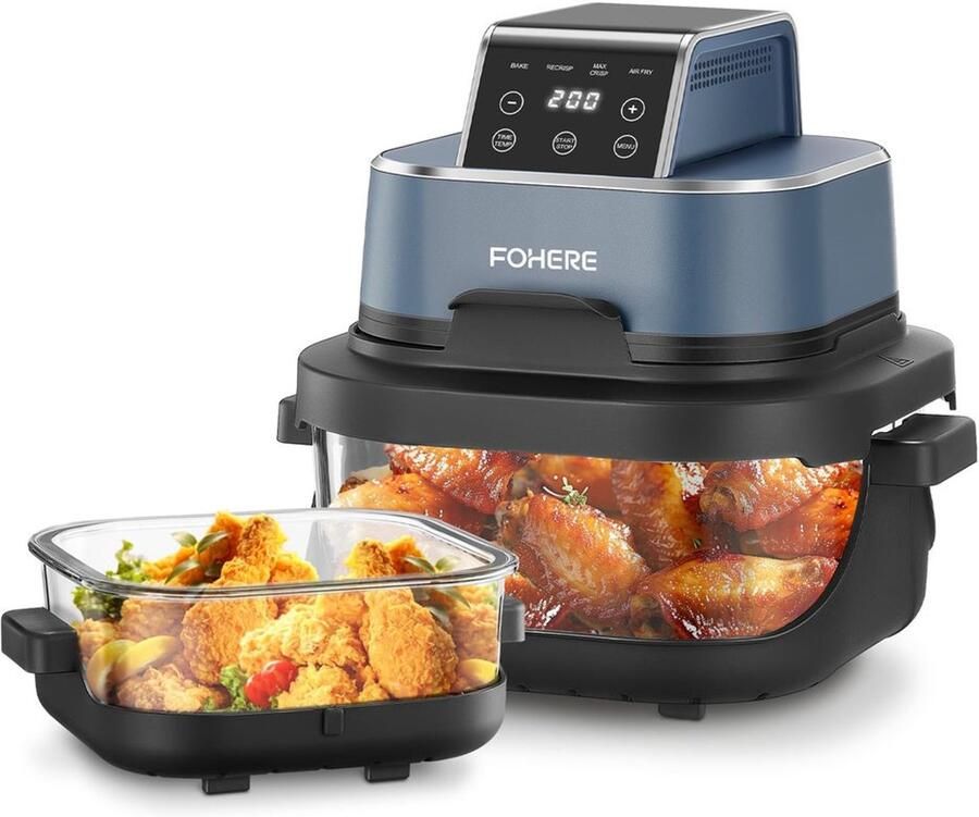Draagbare Airfryer met 4 Functies en 2 Glazen Bakplaten