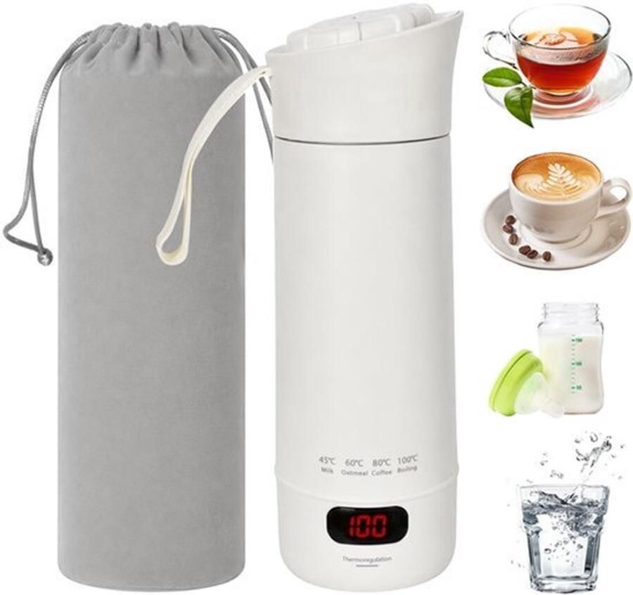 Draagbare elektrische reiswaterkoker 400 ml mini-verwarmde waterkoker met temperatuurregeling thermosbeker van roestvrij staal 304 voor thee koffie en warm water automatische uitschakeling