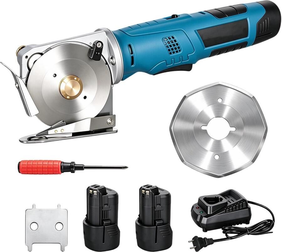 Draagbare elektrische stofsnijder kartonsnijder elektrisch max. snijdikte 33 mm rolsnijder accu universele snijder 90 mm lemmetgrootte roterende snijder voor doek stof tapijt