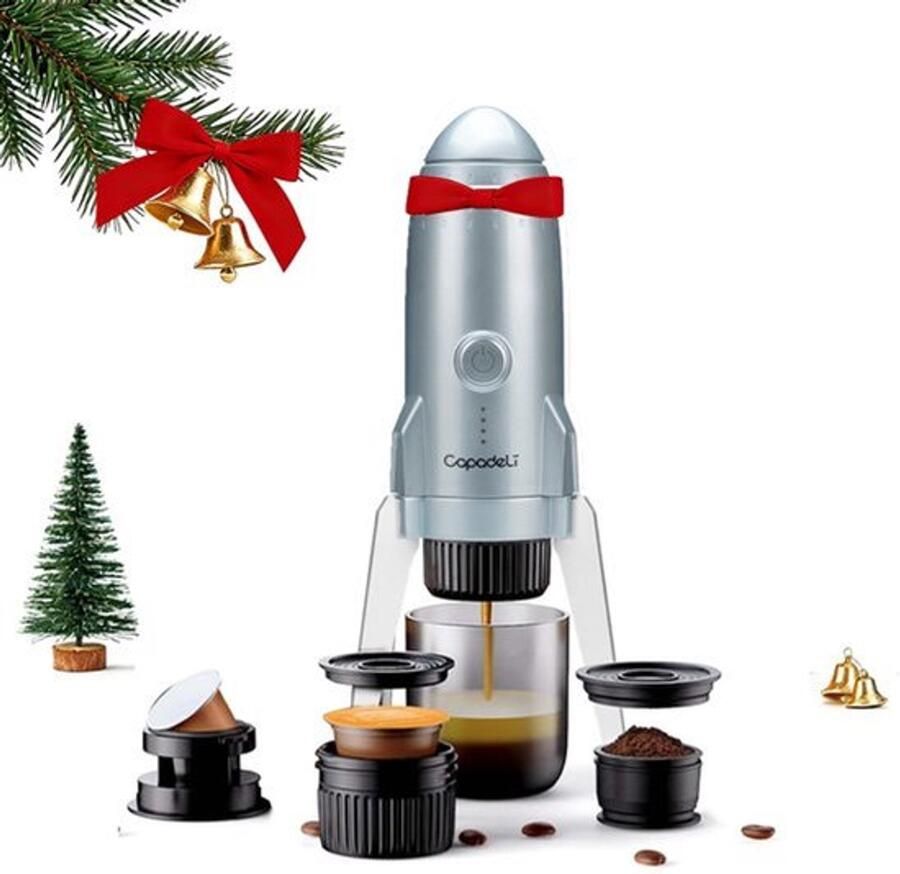 Draagbare espressomachine 3-in-1 elektrische reismachine met -capsule Ground Coffee & Pod USB type C-oplader en autolader 19 bar filter met verwarming (grijs