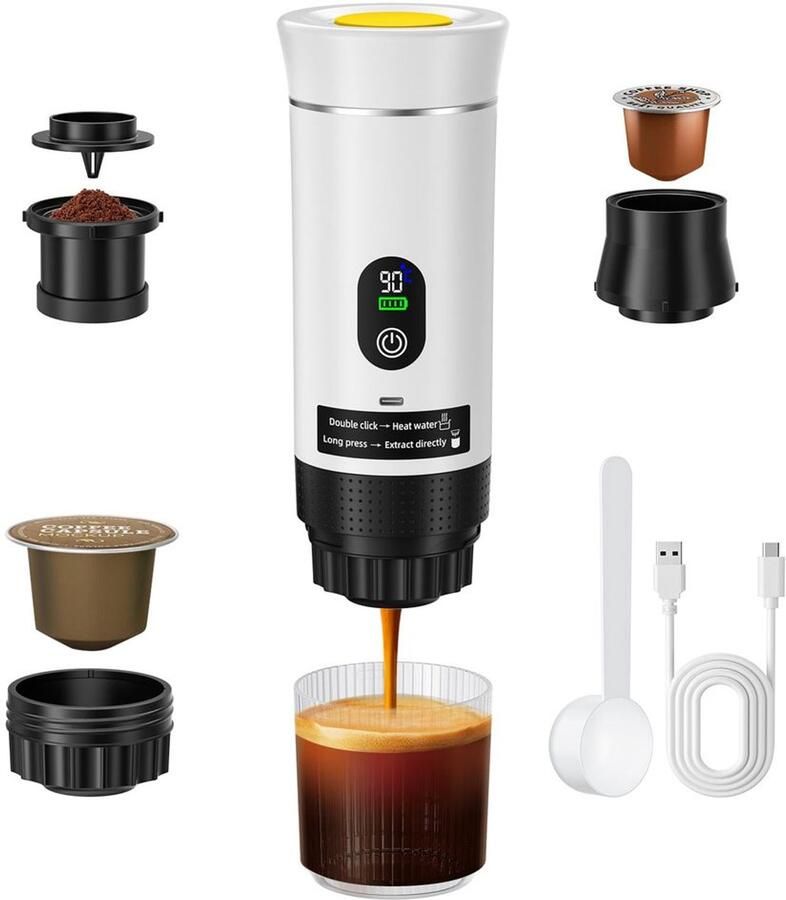 Draagbare Espressomachine 3-in-1 met Batterij voor Capsules en Gemalen Koffie Wit