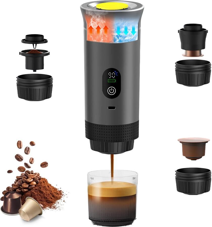 Draagbare espressomachine 3-in-1 met digitale temperatuurweergave elektrisch koffiezetapparaat espresso maker voor camping reizen compatibel met kleine grote gemalen capsules (metallic