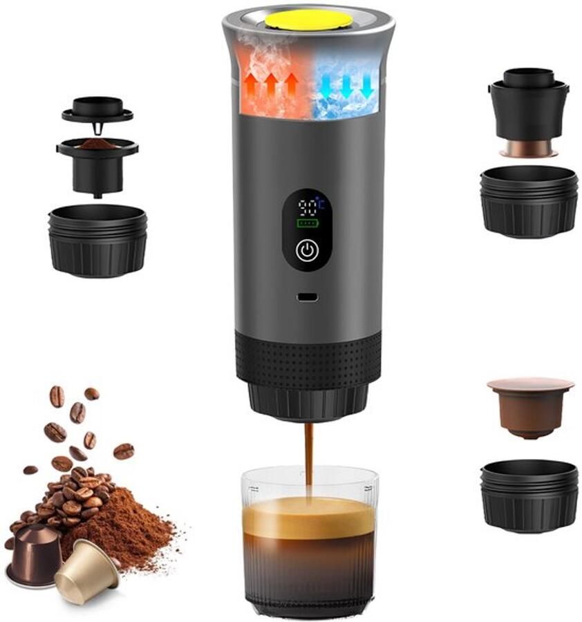 Draagbare espressomachine 3-in-1 met digitale temperatuurweergave elektrisch koffiezetapparaat espresso maker voor camping reizen compatibel met kleine grote gemalen capsules (metallic