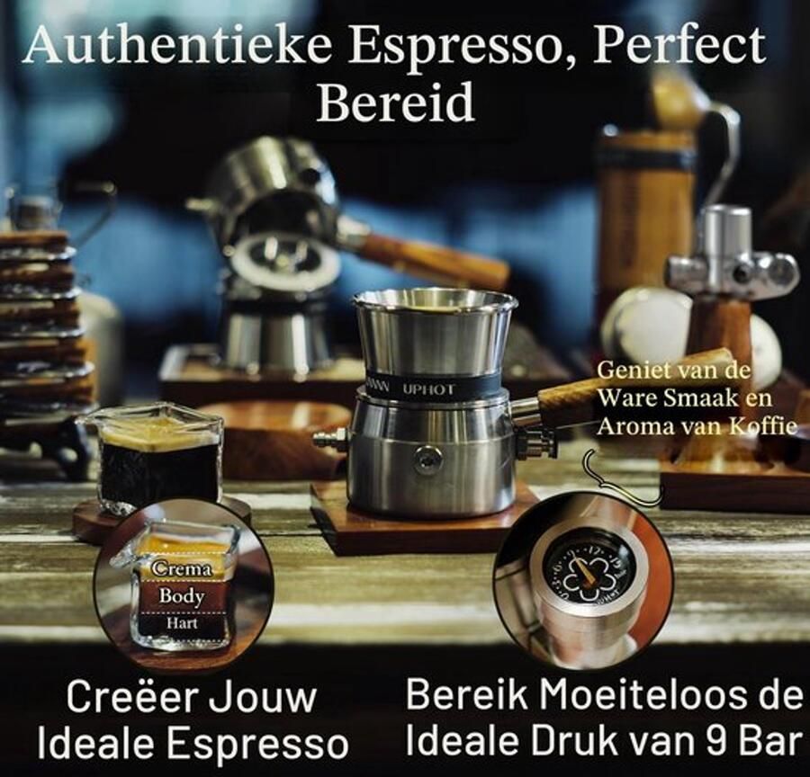 Draagbare espressomachine 8-in-1 9 bar pneumatisch handmatige no-power espressomachine roestvrij staal compact voor reizen kamperen buiten (zilver R-H-ComboSet-8)