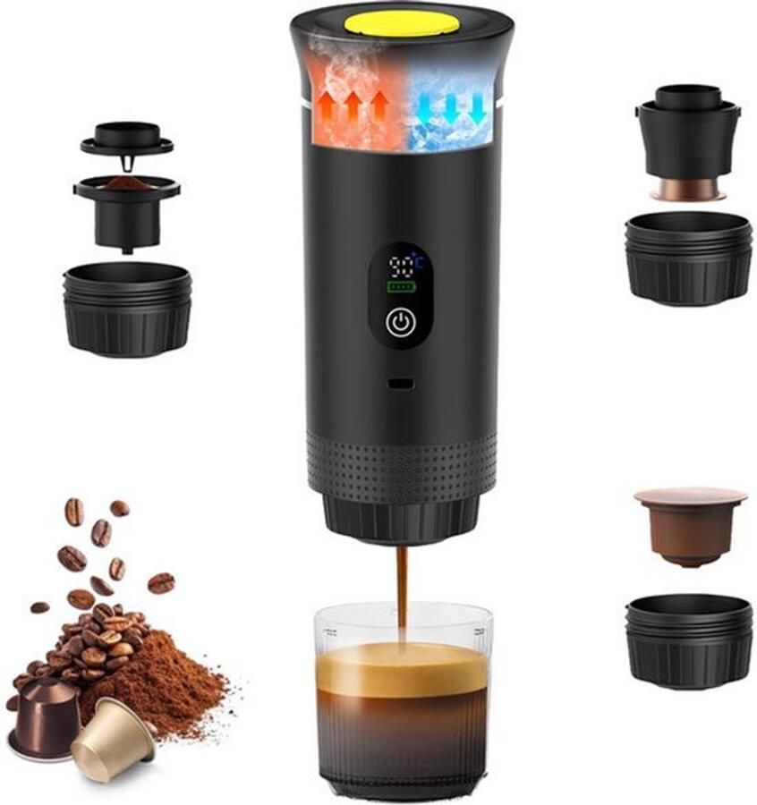 Draagbare koffiemachine 3-in-1 espressomachine met capsules met digitaal display espressomachine met capsules en gemalen koffie snel opwarmen voor kantoor reizen camping thuis (zwart)