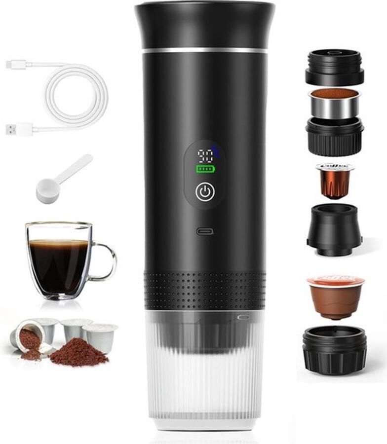 Draagbare Koffiemachine 3-in-1 met Temperatuurdisplay Snel Verwarmen 80ml 20 Bar Druk Geschikt voor Cups & Gemalen Koffie 7500mAh USB-C Ideaal voor Reizen & Kantoor (Zwart)