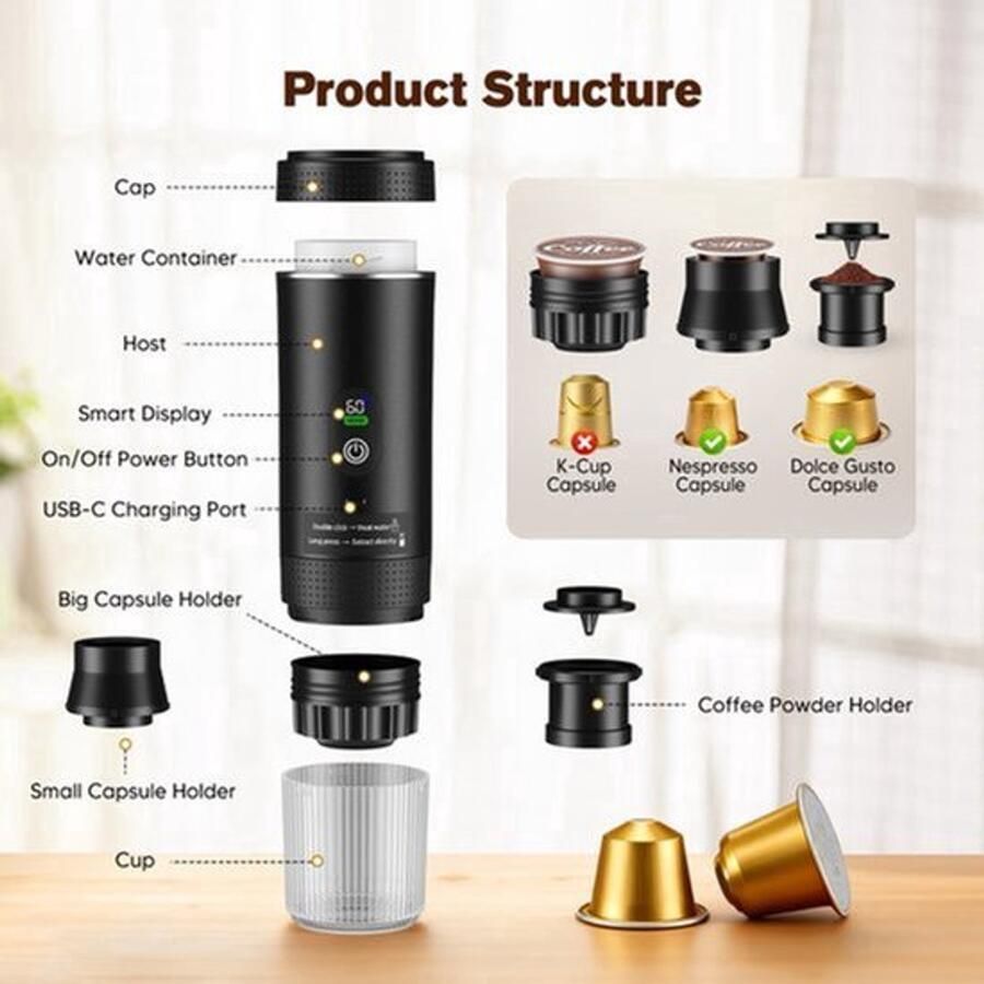 Draagbare Koffiemachine Zwart 3-in-1 Capsule En Gemalen Koffie 7500 mAh Batterij 80 ml Watertank USB-C Opladen Espresso Machine