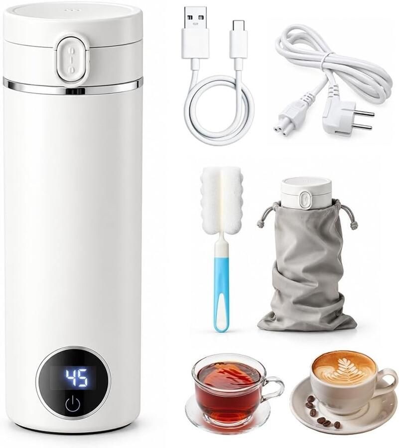 Draagbare Waterkoker met Theefilter Crème 500 ml RVS met 6 Temperatuurinstellingen Voor Thuis Kantoor en Reizen