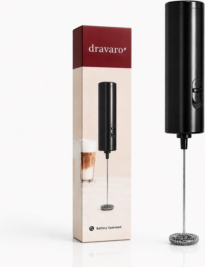 Dravaro. Elektrische Melkopschuimer – Melkklopper – Matcha Klopper – Draadloos op Batterijen – RVS Melkschuimer voor Cappuccino Latte Macchiato Frappé Koffie Matcha Eiwitshakes & Cocktails – Zwart