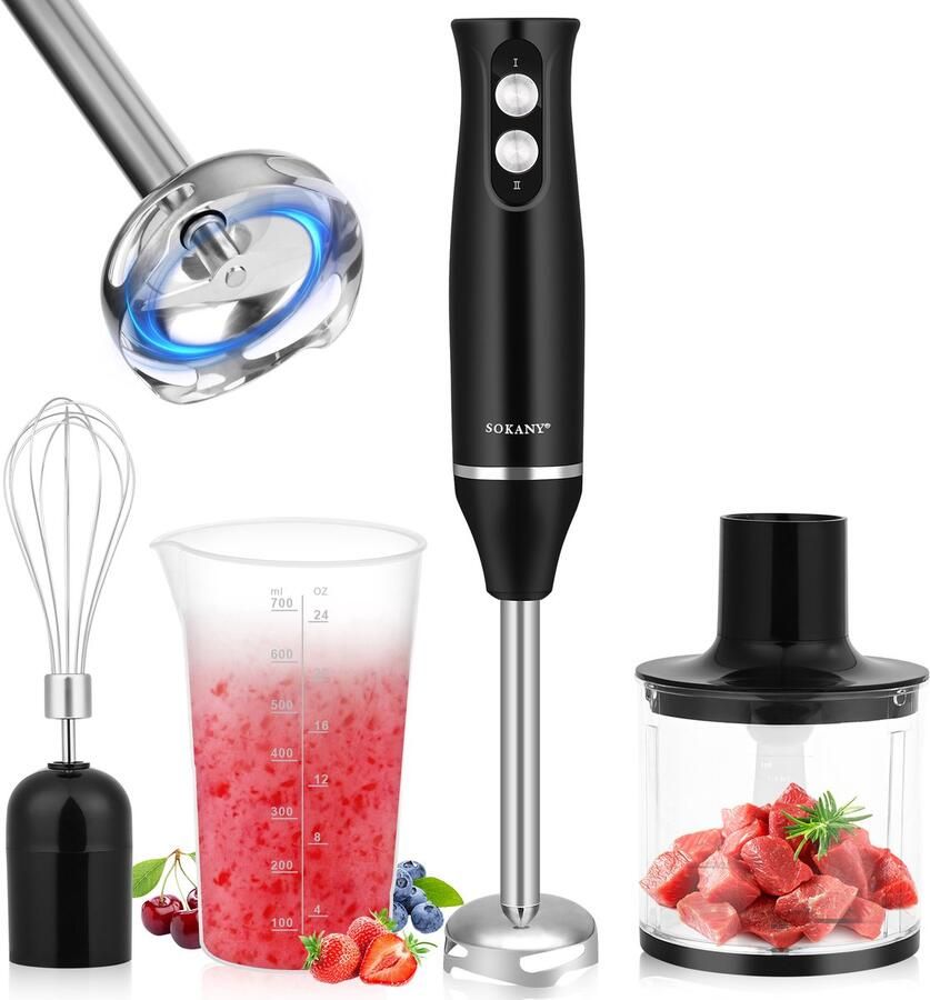 Dreamhigh Staafmixer 4-in-1 Set Elektrische Staafmixer 500W 2 Snelheden Inclusief Hakmolen Garde 500ml Melkopschuimer & 700ml Maatbeker – voor Babyvoeding Soepen Smoothies Purees