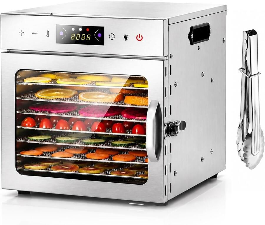 Droogmachine RVS 8 Roosters Met 24-Uur Timer en 360° Circulatiesysteem Voor Gezonde Snacks