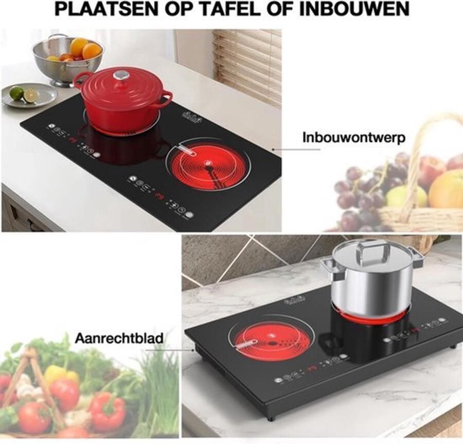 Dubbele Keramische Kookplaat 220V 3520W 2-pits Elektrische Kookplaat Stekkerbare met Touchbediening 9 Verwarmingsniveaus 4-uurs Timer & Kinderveiligheidsslot Inbouw en Aanrecht