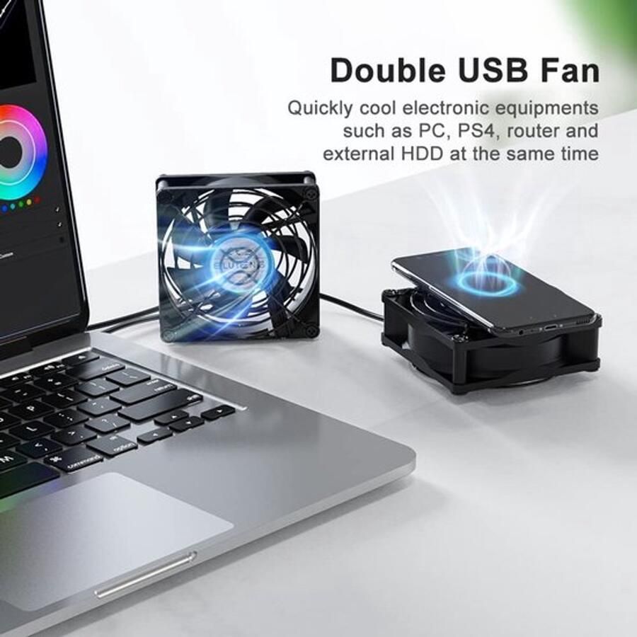 Dubbele pc-ventilator USB 80 mm met 3 snelheden instelbare 8 cm computerventilator USB 2 in 1 Mini PC Ventilator met Metalen Grill 5V Ventilator 2700RPM