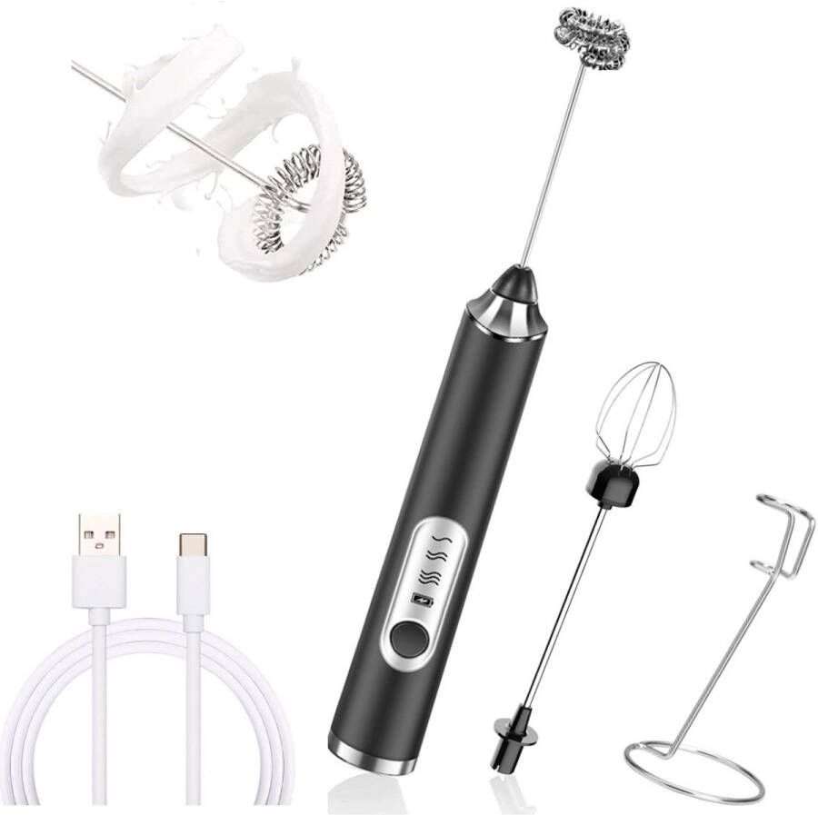 Dussdote Melkopschuimer Elektrische eierklopper Elektrische melkopschuimer Zwart Dubbele kop + standaard 1