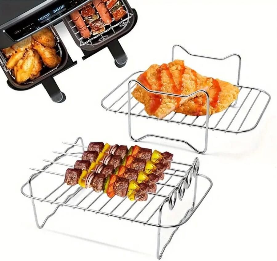 Dutchers Set van 2 RVS Grill Rekken en 3x Spies stokjes Wasbaar voor Dubbele Heteluchtfriteuse – Oven Accessoires Te gebruiken voor: Ninja AF300EU AF400EU AF451EU AF500EU SL400EU en Andere Tweezone Airfryers