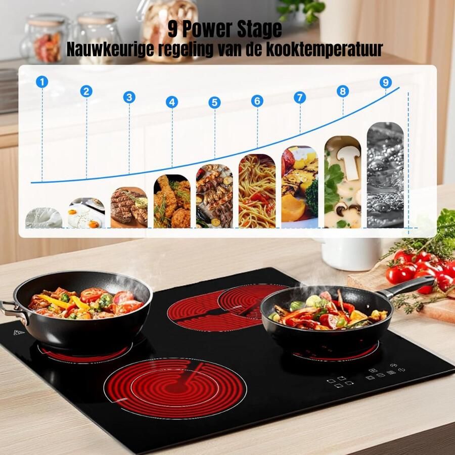 Dyna Elektrische Kookplaat 4 Pits Elektrische Fornuis Elektrische Kookplaat Vrijstaand 4 Kookzones Kinderslot Keramische Houtnerf Zwart 60cm x 52cm x 6cm