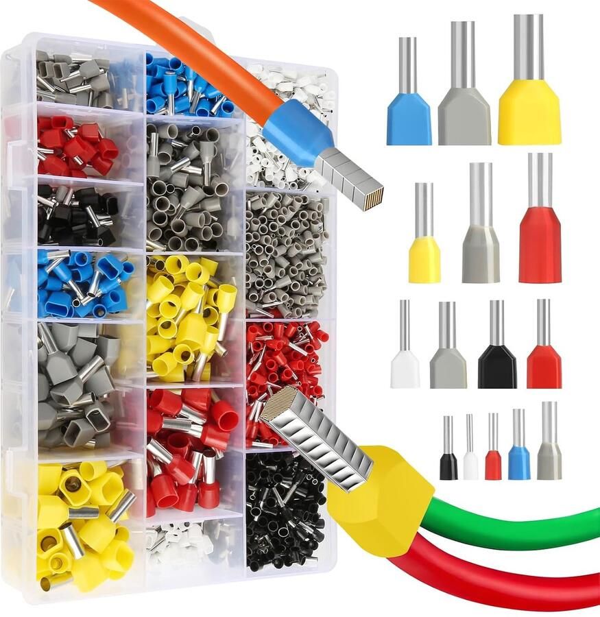 0 5 mm² tot 10 mm² dubbele adereindhulzen en enkellijns adereindhulzen met opbergdoos assortiment adereindhulzen voor kabelaansluiting Set van 2000 stuks