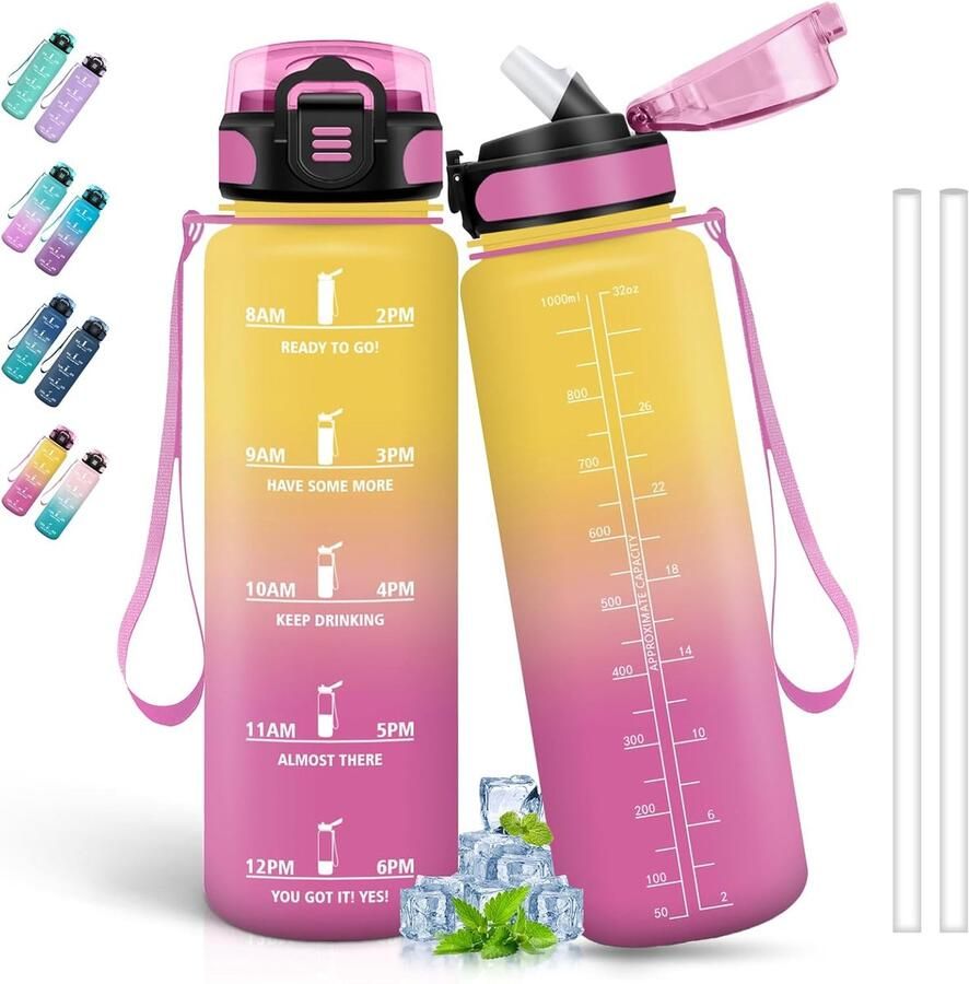 1 liter sportfles lekvrij drinkfles met rietje drinkfles met tijdschema's voor drinken gemakkelijk te reinigen drinkflessen voor sport wandelen yoga wandelen kamperen geel-roze