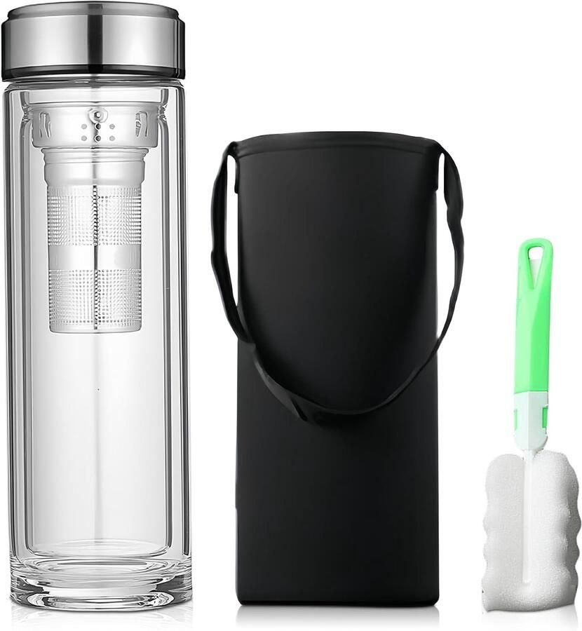1 Liter Theefles met Zeef om Mee te Nemen Drinkfles Glazen Fles 1 Liter met Schoonmaakborstel voor Kop Theefles Dubbelwandige Glazen voor Gearomatiseerde Thee Vruchtenthee (met Kopmanchet)