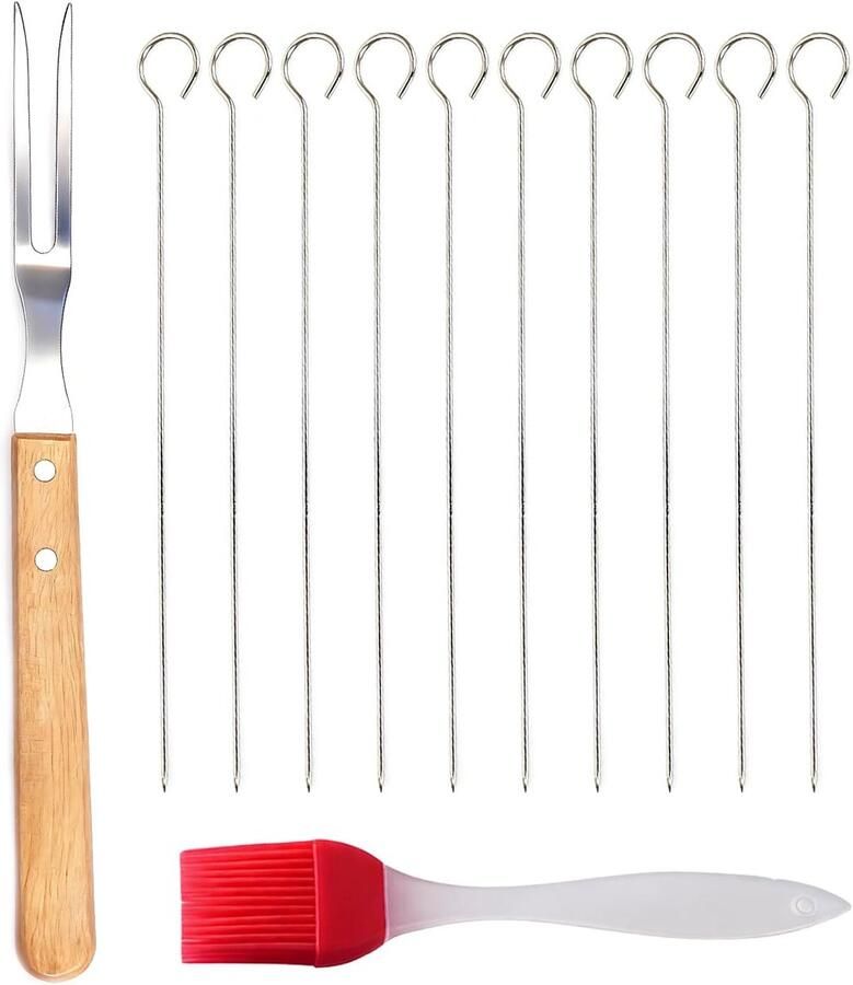 1 STKS BBQ-Set 1 STUK Vleesvork 10 STUKS Ronde spies met haak 1 siliconen olieborstel houten handvat RVS vleesvork BBQ vleesvork. Geschikt voor thuis koken grillen feest