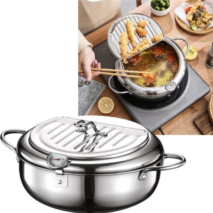 1 stuk 2 liter frituurpan van roestvrij staal in Japanse stijl met ingebouwde thermometer frituurpan uitlekbak 28 cm voor thuisgebruik en frituren zilverkleurig