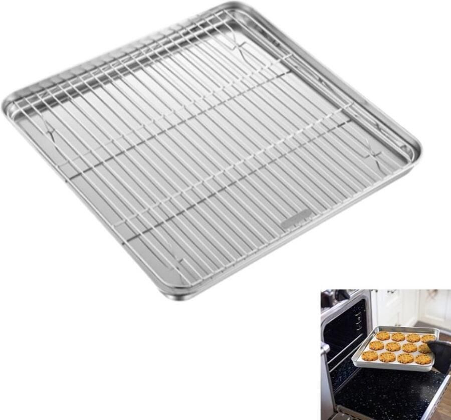 1 stuk Bakplaat met Koelrek Kleine Bakplaat met Koelrek geschikt voor het bakken van koekjes brood vlees enz 25×25×2.5cm zilver