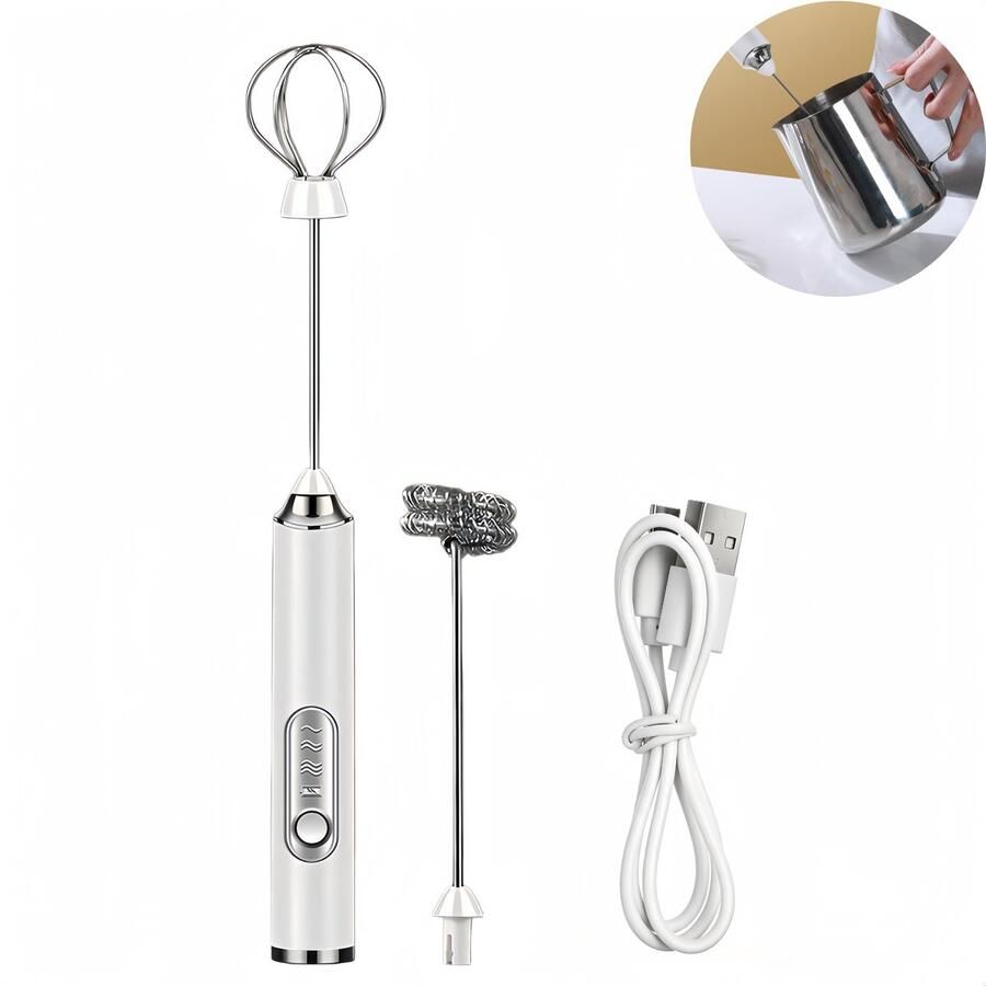 1 stuk dubbelkop koffie elektrische melkopschuimer draadloze handmixer eiklopper melkopschuimstaaf voor koffie RVS USB-opladen taart bakken slagroom kloppen eieren opkloppen keukenbereidingen wit