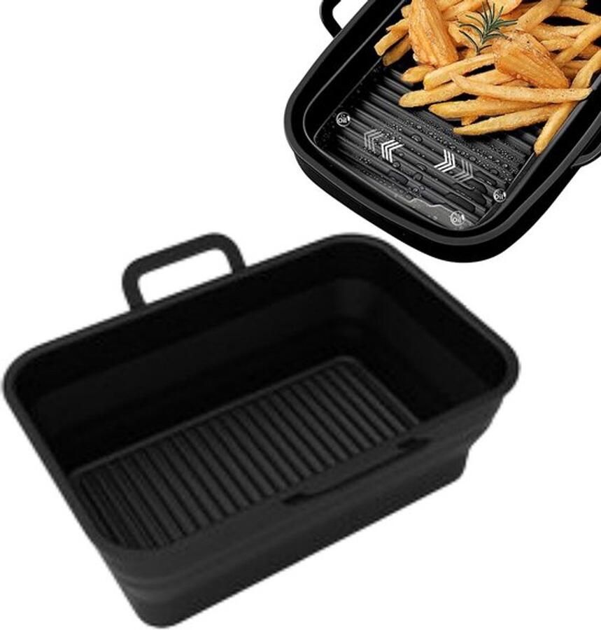 1 stuk Siliconen frituurmandje Opvouwbaar met dubbele uittrekbare opbergruimte Speciaal bakblik voor airfryer Universeel te gebruiken in oven en magnetron 12 7 cm × 19 56 cm × 7 01 cm Geschikt voor airfryer oven en magnetron Zwart
