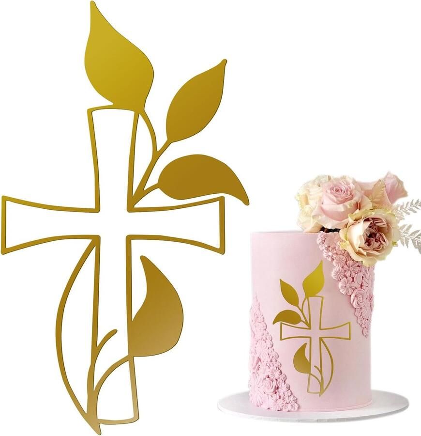 1 stuks taartdecoratie kruis taarttopper duif goud acryl taartdecoratie glinsterend spiegeleffect voor bruiloft verjaardag Kerstmis feest en meer kruis en bladeren (B)