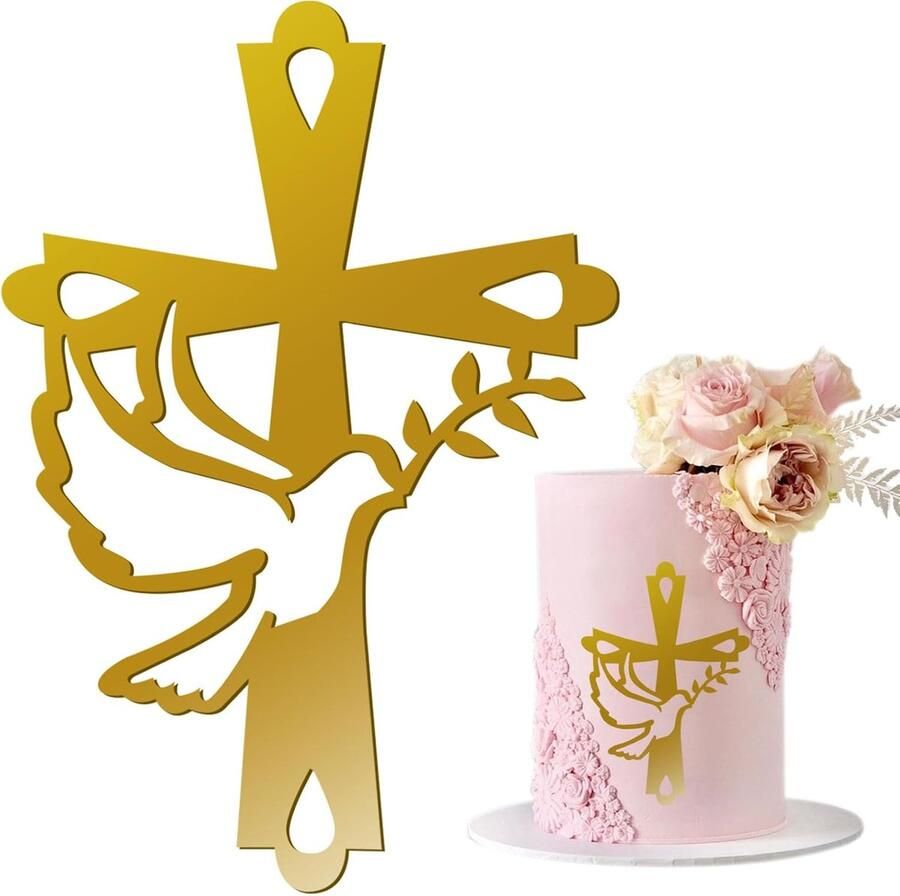 1 stuks taartdecoratie kruis taarttopper duif goud acryl taartdecoratie glinsterend spiegeleffect voor bruiloft verjaardag Kerstmis feest en meer kruis en bladeren (C)