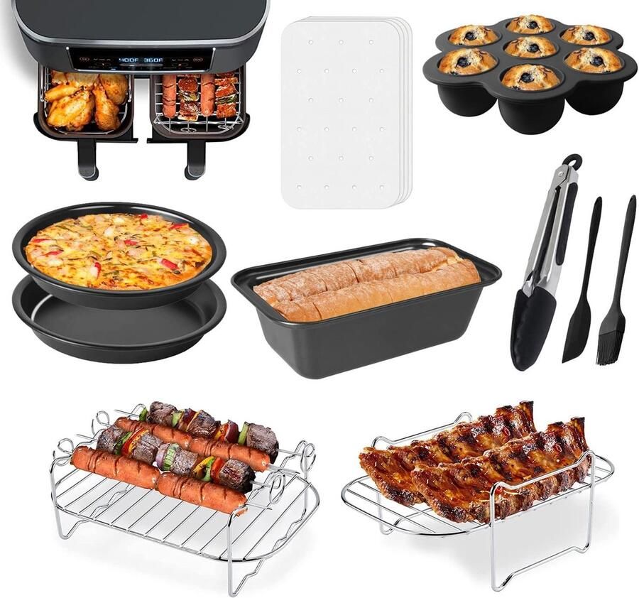 10-delige Accessoireset Geschikt voor Ninja Dual Airfryer DZ201 DZ401 Geschikt voor 8-10 Quart Dual Zone Airfryers Met Cake Pan Airfryer Accessoires Set Pizza Pan Rack Spiesjes en Papier Liners