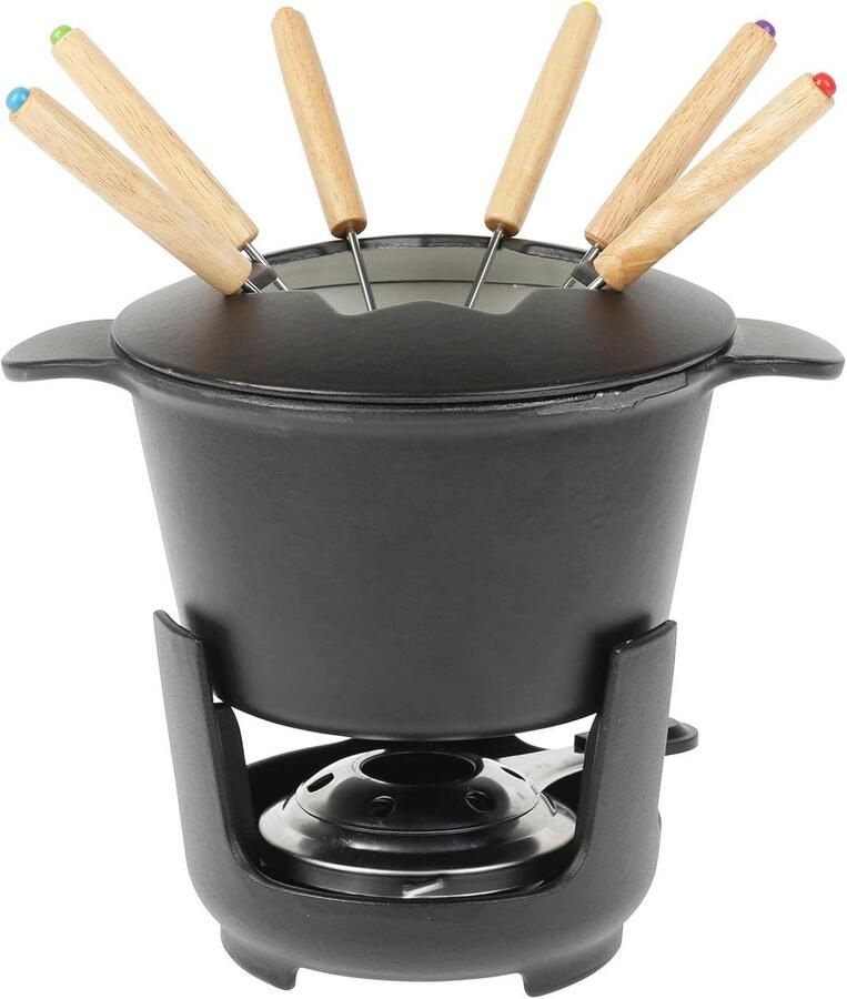 10-delige Fondueset van Gietijzer Ø 16 cm Inclusief Vorken Pannetje Deksel Houder en Brander