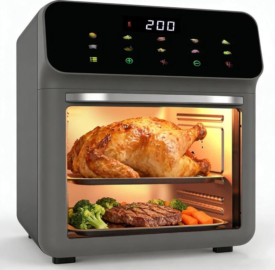 10-in-1 heteluchtfriteuse oven Multifunctionele heteluchtfriteuse met kijkvenster led-display en timer van 60 minuten Grijs