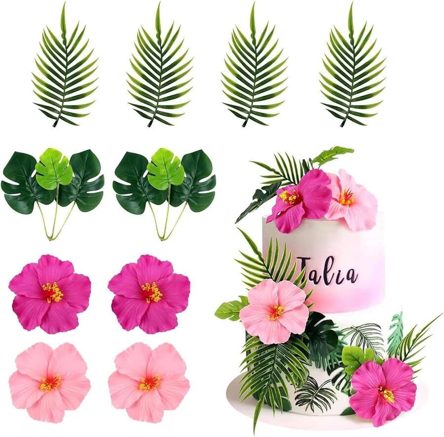 10 kunstmatige hibiscusbloem-caketoppers Hawaii-roze taartdecoratie voor Hawaii-themafeesten verjaardagen verlovingen bruiloften zomerfeesten en vieringen