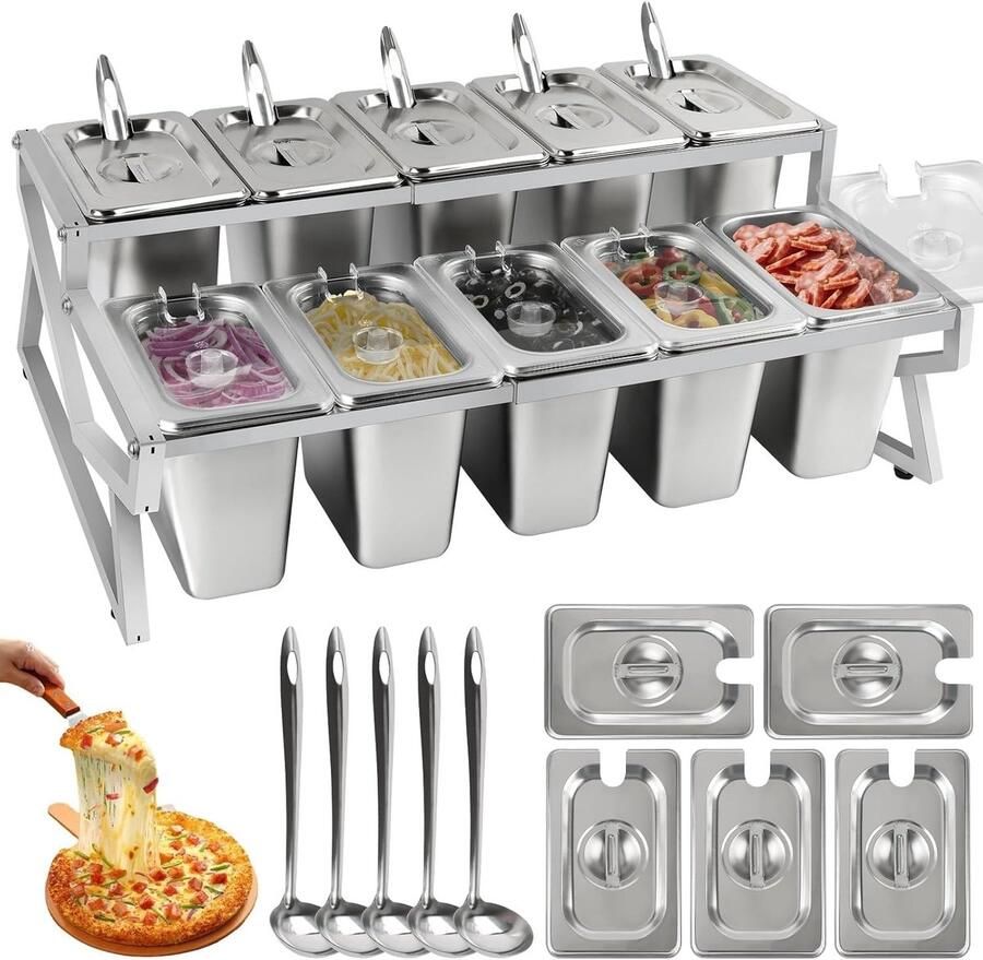 10 Pans Pizza Topping Opslagstation met 2-Rij Verstelbare RVS Condimentcontainers Deksel en Lepels voor Saladebar en Buffet