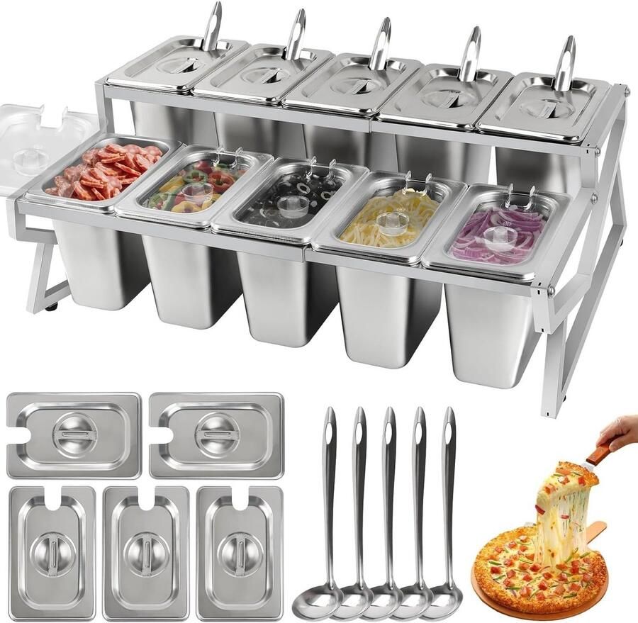 10 Pans Pizza Topping Opslagstation met 2-Rij Verstelbare RVS Condimentcontainers Inclusief Deksel en Lepels Ideaal voor Saladebar en Buffet