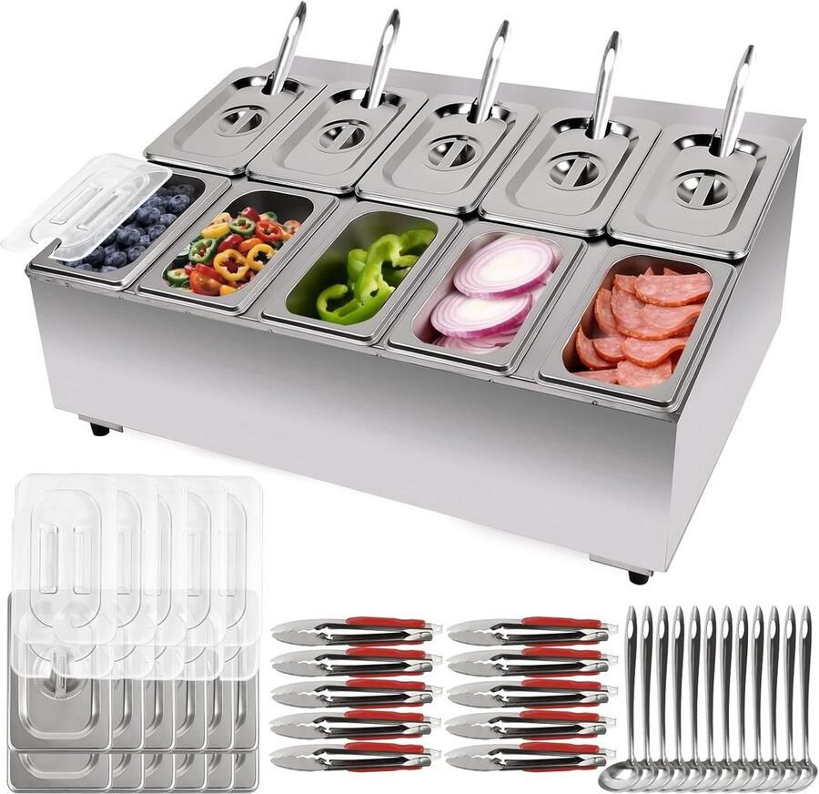 10 Rvs Ingrediëntencontainers met Deksel Verstelbare Opbergdozen voor Pizza Kruidenset en Buffetcontainer voor Sauzen Jam en Fruit