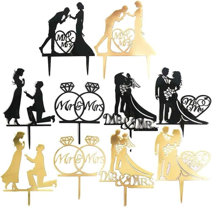 10 STKS MR en MRS Cake Topper Acryl Cupcake Topper Duurzaam Veelzijdige Cake Decoraties Foto Booth Props voor Bruiloft Engagement Bruids Party Anniversary Viering Goud en Zwart