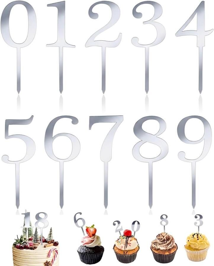 10 Stück Kuken Deko Verjaardag Cake Topper Zahlen 0-9 Cake Topper Acryl Gelukkig Verjaardag Tortendeko Weerbruikbare Taart Deko voor Verjaardagsfeesten Trouwfeest Topp die Torte (Zilver)