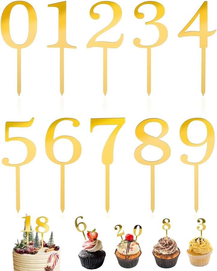 10 Stück Kuken Deko Verjaardag Cake Topper Zahlen 0-9 Cake Topper Acryl Gelukkig Verjaardag Tortendeko Weerbruikbare Taart Deko voor Verjaardagsfeesten Trouwfeest Topp die Torte (Goud)